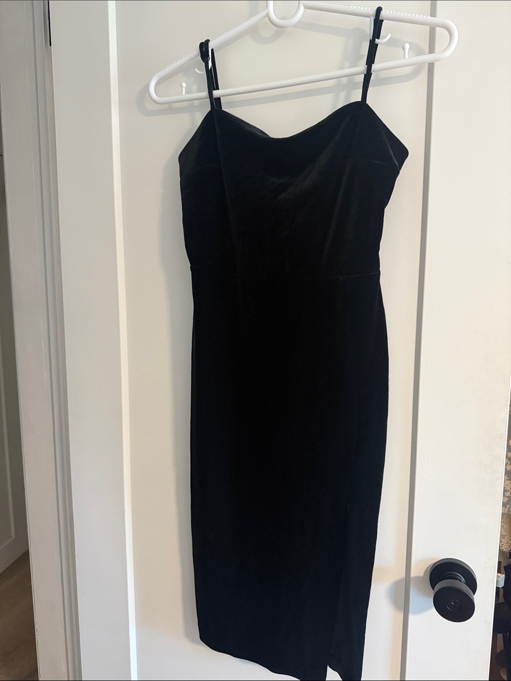 Express Black Velvet Spaghetti Strap Midi Dress with slit